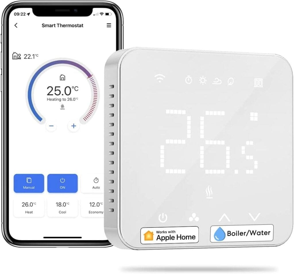 Meross Smart Thermostat for Combi Boilers and Underfloor Water Heating, Glass Touch Panel, Schedule and Multi-room Function, Hubless, Compatible with Apple HomeKit, Amazon Alexa, Google Assistant