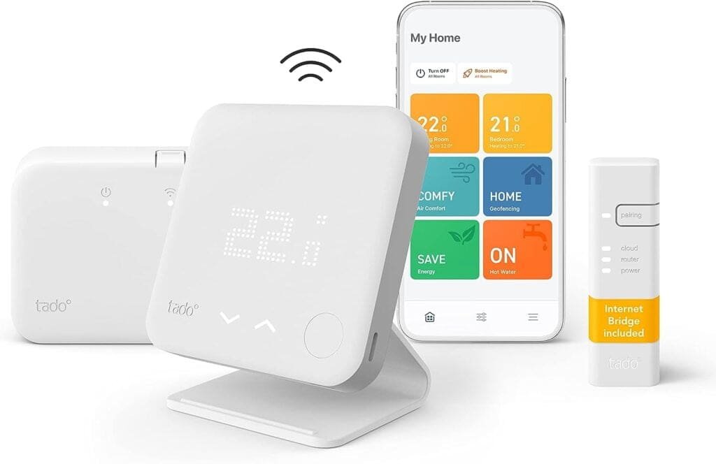 tado° Wireless Smart Thermostat Starter Kit V3+ Incl. Stand – Full Control Over Your Boiler And Hot Water From Anywhere, Save Energy, Easy DIY Installation - Works With Amazon Alexa, Siri, and Google