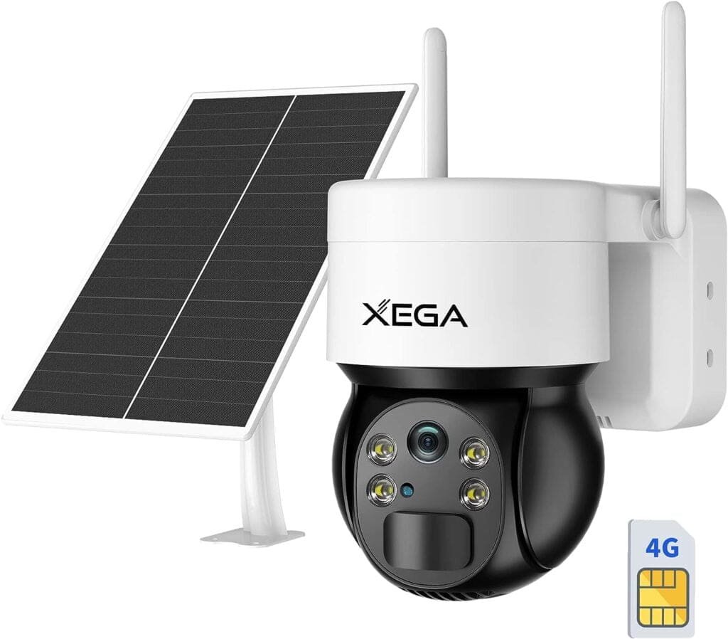 Xega 4G LTE Cellular Security Camera Outdoor Solar Camera Wireless, 2K HD Color Night Vision PTZ 360° View, Smart Motion Detection, 2 Way Talk, No WiFi, SIM Card Included, IP66