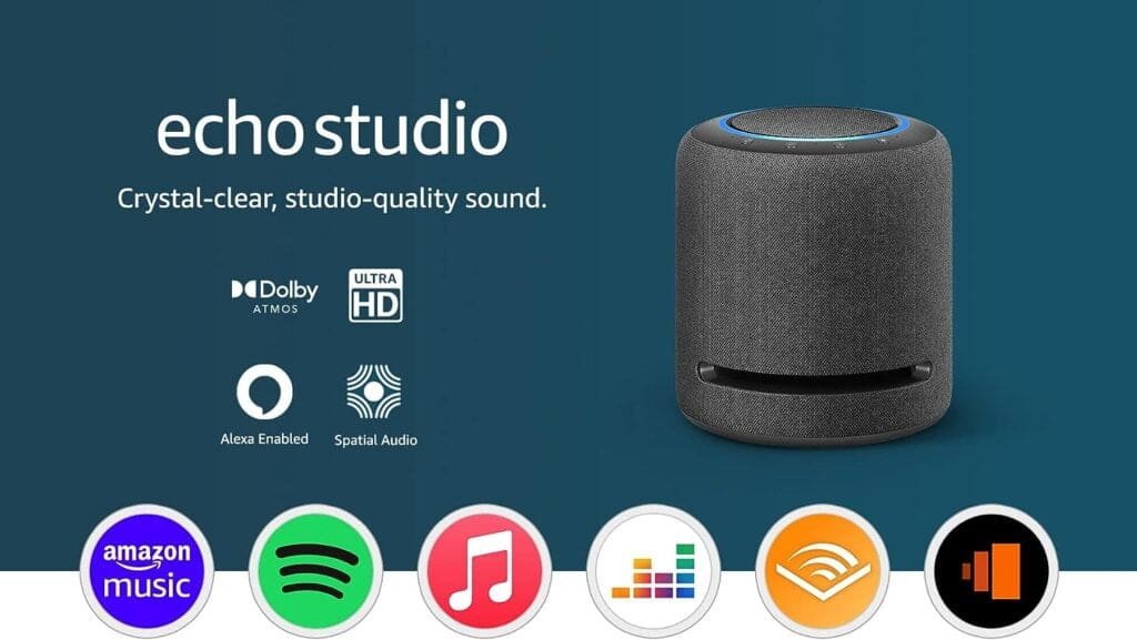 Echo Studio | Our best-sounding Wi-Fi and Bluetooth smart speaker ever | Dolby Atmos, spatial audio, smart home hub and Alexa | Charcoal