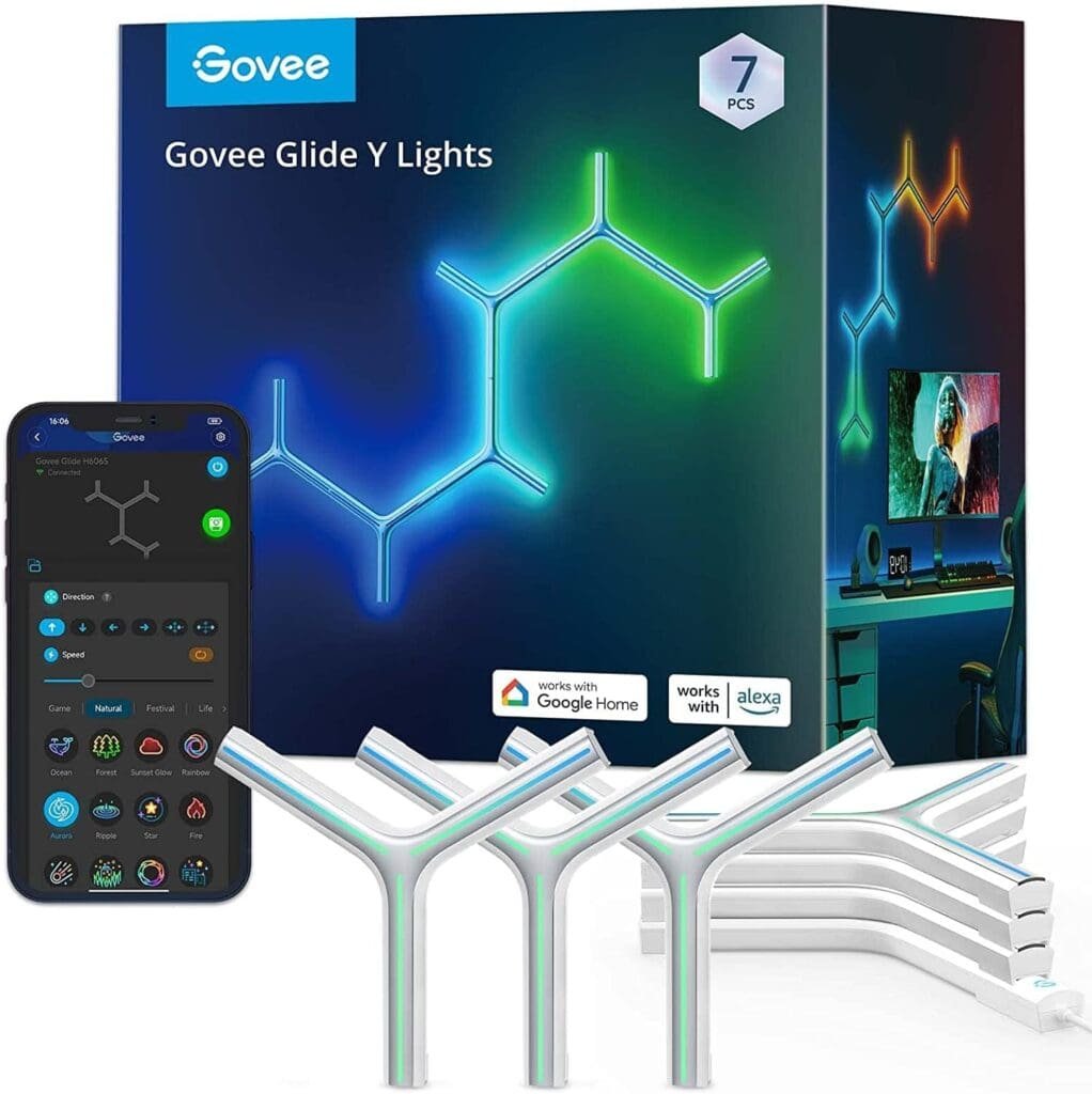 Govee Glide Y Lights, RGBIC LED Gaming Lights, Smart Home Creative Decor Lights with Music Sync 40+ Sence Modes, Wi-Fi LED Wall Lights for Gaming Room, Living Room, Bedroom, 7 Pack