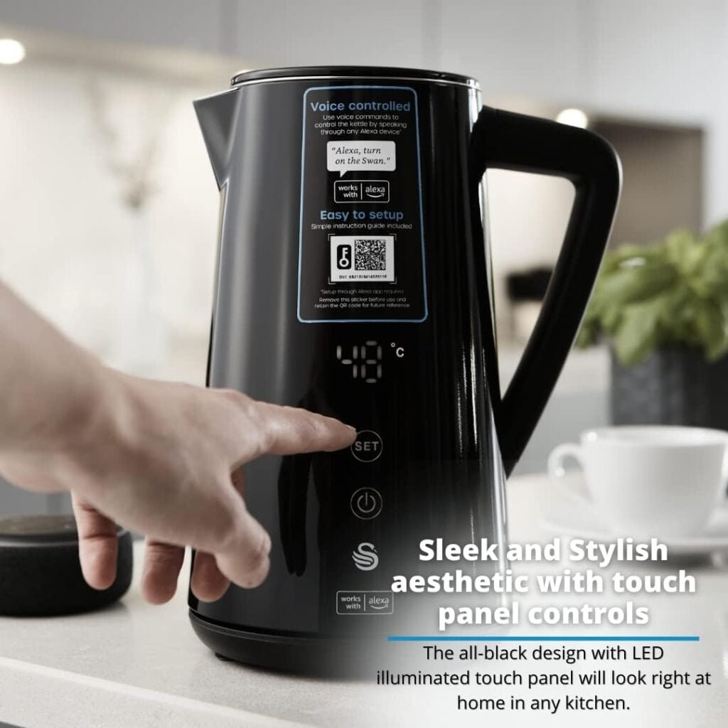 Swan Alexa Smart Kettle, Amazon Exclusive, LED Touch Display, Keep Warm Function, Stainless Steel Insulated Wall, 1800W, Black, SK14650BLKN