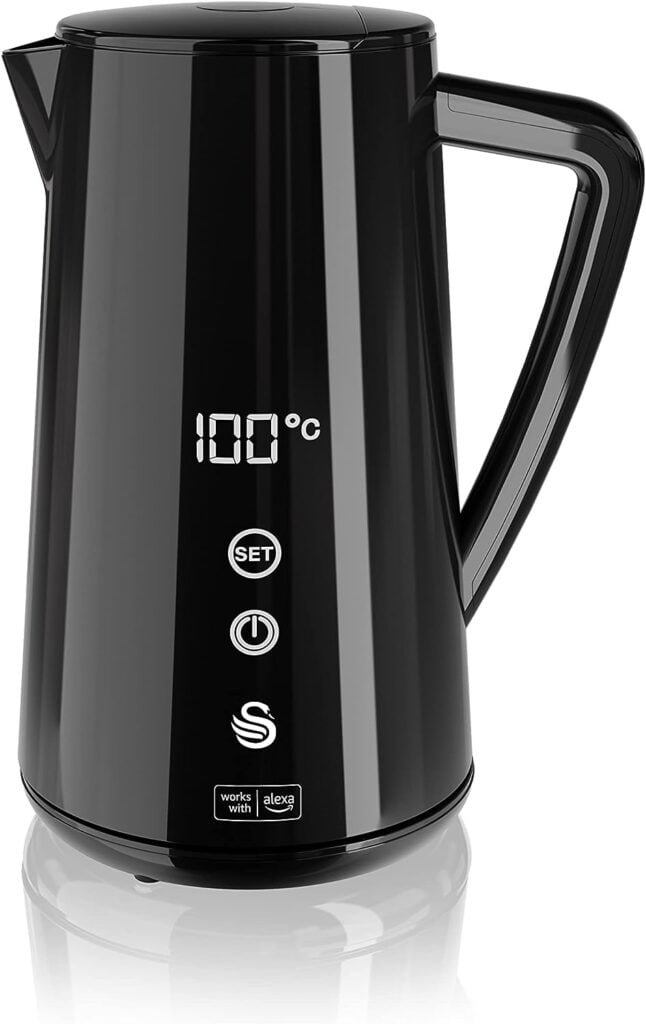 Swan Alexa Smart Kettle, Amazon Exclusive, LED Touch Display, Keep Warm Function, Stainless Steel Insulated Wall, 1800W, Black, SK14650BLKN