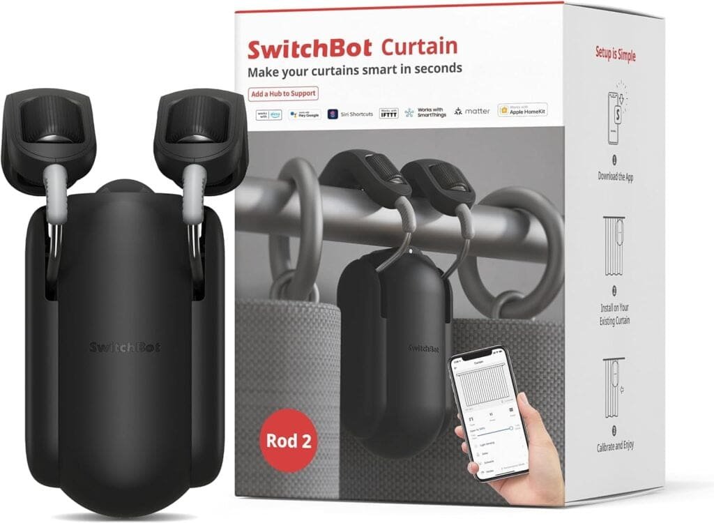 SwitchBot Smart Curtain Opener- Wireless App Automate Timer Control, Add SwitchBot Hub to Make it Compatible with Alexa, Google Home, IFTTT, Homekit (Rod2.0 Version, Black)