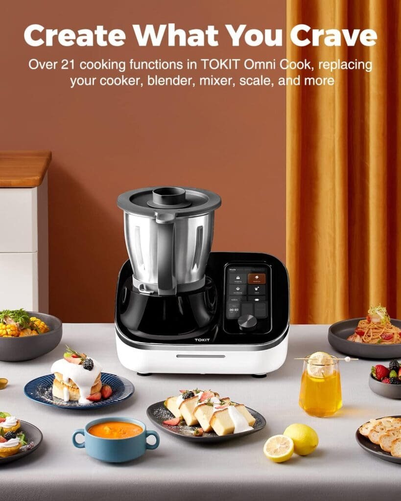 TOKIT Omni Cook Robot All-in-1 Food Processor with 21 Cooking Functions Built-in 7 Touch Screen Guided Recipes Pre-clean, Chopper, Juicer, Blender, Mixer, Weigh, Sous-Vide, Ice Crush and more