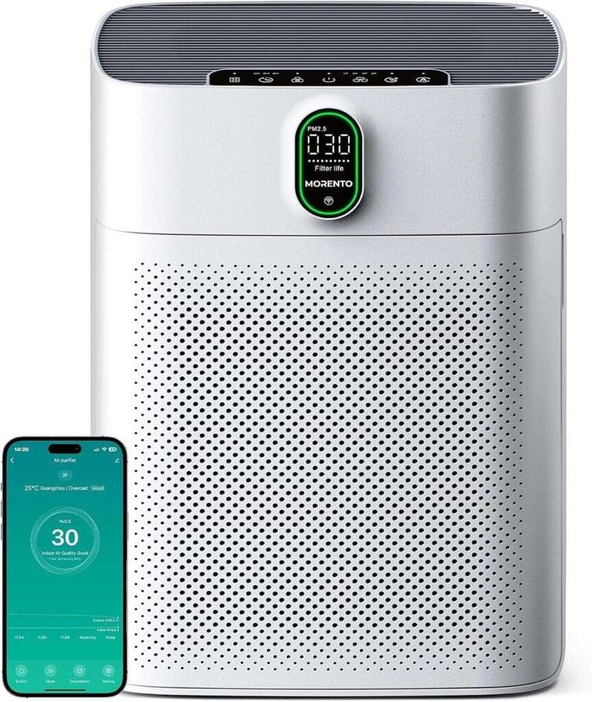 MORENTO Smart Air Purifier for home Large Rooms up to 1076 ft², Wi-Fi and Alexa compatible, Auto Mode, Quiet Mode 24dB, HEPA Filter Removes Dust, Pollen, Smoke 1 Pack + 2 Pack Filters