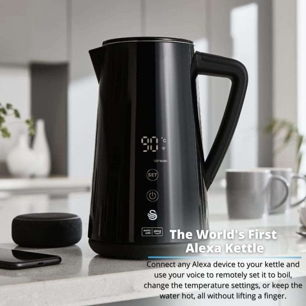 Swan SK14650BLKN Alexa Smart Kettle, LED Touch Display, Keep Warm Function, Stainless Steel Insulated, 1.5L, 1800W, Black