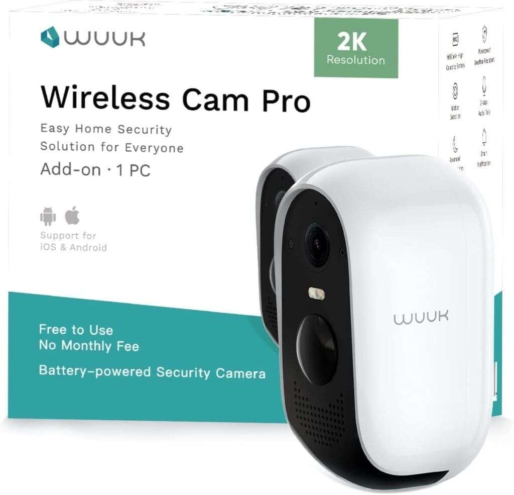 WUUK Add-on 2K Wireless Security Camera, Require Existing Homebase, 240 Days Battery Life, No Subscription, 2.4/5 GHz WiFi, Human and Motion Detection, Compatible with Alexa and Google Home